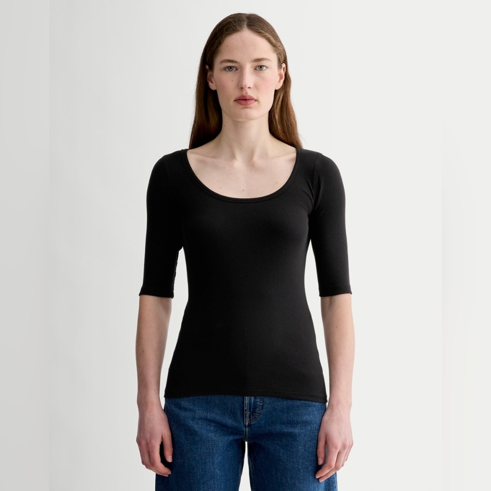 Everlane The Pima Micro Rib Scoop Neck Tee Black NWT xs